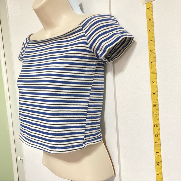 PacSun Nautical Navy Crop Top Over Shoulder Blue White Stripes Womens Medium - Picture 4 of 11